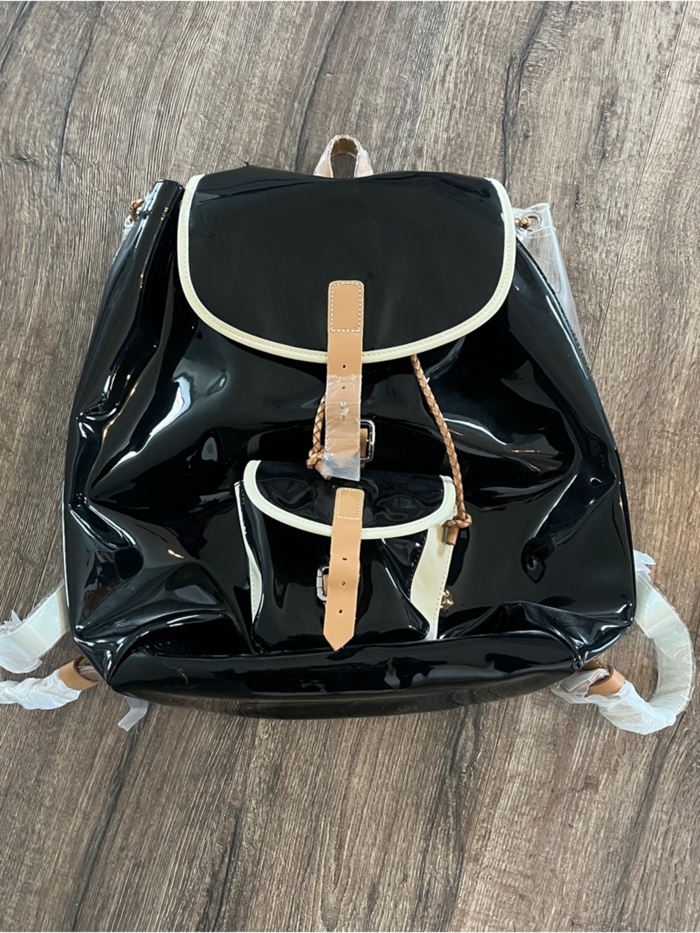 Harper Black Patent Backpack with Cream Trim and Tan Straps